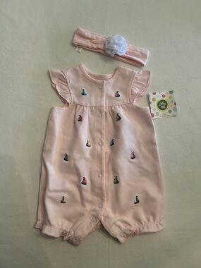 NWT Little Me Light Pink Baby Romper with Sailboat Detail and Headband